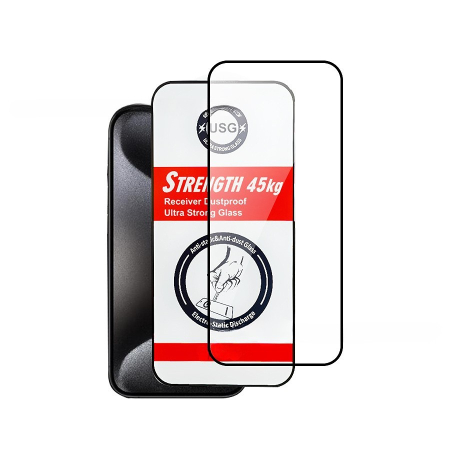 ✨TOATE PRODUSELE✨ - Folie de Protectie, , pentru iPhone 15, Tempered Glass USG, Ultra Rezistent 45kg, Full Cover, Antistatica, Margini Negre, Transparent