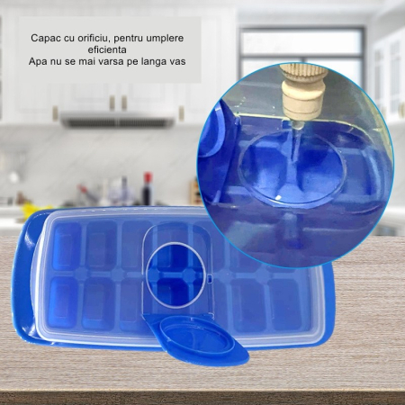 Forma pentru cuburi de gheata , 14 cuburi, reutilizabil, plastic alimentar, cu capac, orificiu umplere, dreptunghiulara, 29.5 x 12.5 x4 cm, albastru [6]
