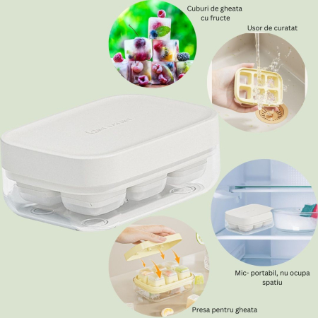 Forma pentru gheata cu presa , din silicon alimentar, 6 cuburi, caserola pentru depozitare, usor de folosit si curatat, 10.5 x 7.5 x 4.1 cm, alb [2]