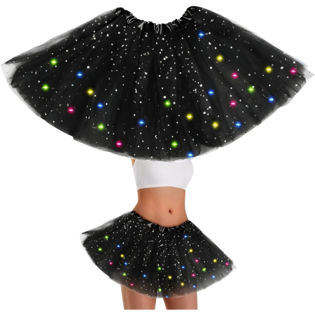 Fusta LED pentru Copii, , Tutu de Balet pentru Fetite cu Luminite Multicolore Incorporate, Model Stelute, 30 cm Lungime, Negru [2]