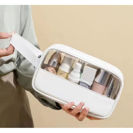 Geanta cosmetice , pentru voiaj sau organizare, material PVC/textil, impermeabila, portabila, 22 x 12 x 8 cm, alb [3]