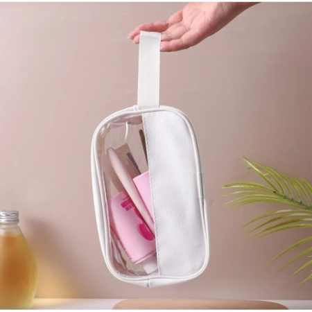 Geanta cosmetice , pentru voiaj sau organizare, material PVC/textil, impermeabila, portabila, 22 x 12 x 8 cm, alb [2]