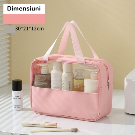 Geanta cosmetice , pentru voiaj sau organizare, material PVC/textil, impermeabila, portabila, 30 x 21 x 12 cm, roz [1]