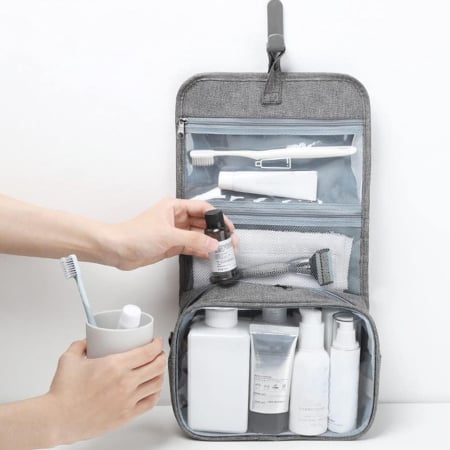 ✨TOATE PRODUSELE✨ - Geanta cosmetice voiaj, , material panza, impermeabil, 3 compartimente, cu agatatoare, Gri, 47 x 28 x 20  cm