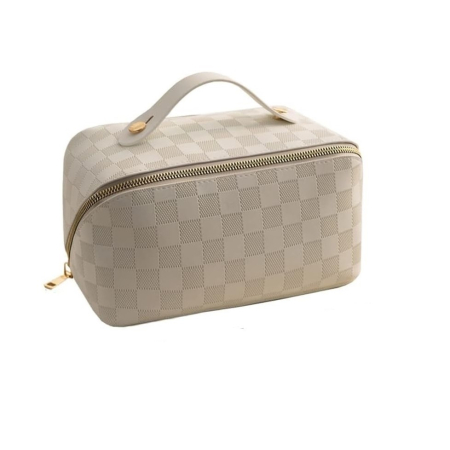 ✨TOATE PRODUSELE✨ - Geanta de Calatorie , Pentru Cosmetice, Portabila, Impermeabila, din Piele Ecologica, Compartimente Multiple, cu Fermoar, 22 x 13 x 12.5 cm, In Carouri, Alb