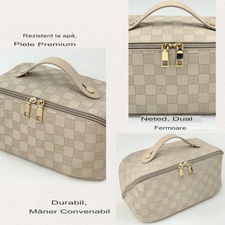 Geanta de Calatorie , Pentru Cosmetice, Portabila, Impermeabila, din Piele Ecologica, Compartimente Multiple, cu Fermoar, 22 x 13 x 12.5 cm, In Carouri, Alb [3]