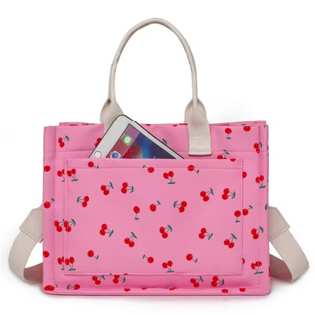 Geanta de Mana/Umar, Multifunctionala, , Inchidere cu Capsa, Imprimeu Cirese, Material Textil, 33.5 x 25 x 14.5 cm, Roz [6]