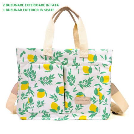 Geanta de Mana/Umar, Multifunctionala, , Inchidere cu Capsa, Imprimeu Lamai, Material Textil, 33.5 x 25 x 14.5 cm, Alb/Galben [1]