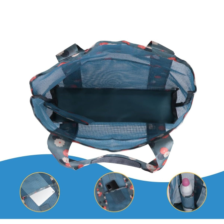 Geanta de Plaja, , din Plasa Transparenta, Imprimeu Floral, 43 x 10 x 33 cm, Model pentru Umar, Lungime Inferioara 33 cm, Albastru [1]