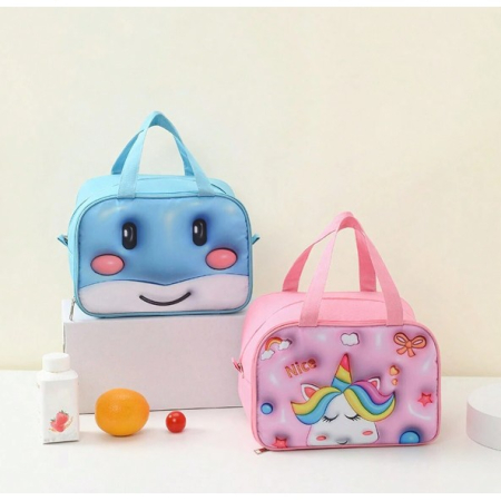 Geantă Frigorifică, , cu Desene Animat 3D, Portabilă pentru Copii, de Prânz, din Pânză Oxford, 27.5x18x20 cm, Model Balena, Albastru [4]