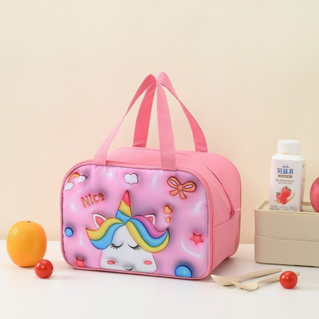 Geantă Frigorifică, , cu Desene Animat 3D, Portabilă pentru Copii, de Prânz, din Pânză Oxford, 27.5x18x20 cm, Model Unicorn, Roz [2]