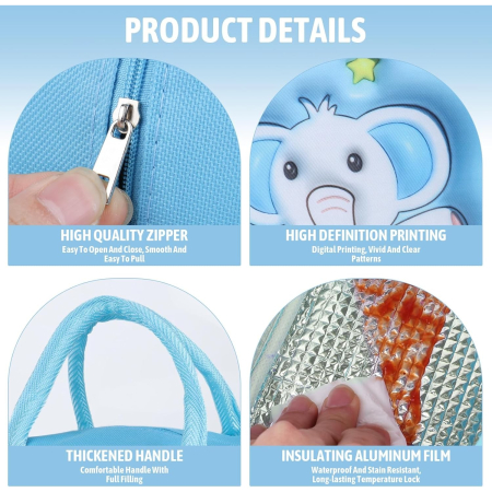 Geantă Frigorifică, , cu Desene Animate 3D, Portabilă pentru Copii, de Prânz, din Pânză Oxford, 23x13x19 cm, Model Elefantel, Albastru [6]