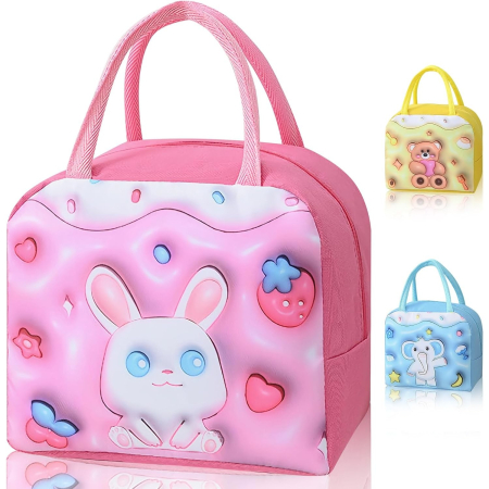 Geantă Frigorifică, , cu Desene Animate 3D, Portabilă pentru Copii, de Prânz, din Pânză Oxford, 23x13x19 cm, Model Iepuras, Roz [8]