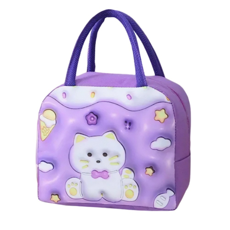 ✨TOATE PRODUSELE✨ - Geantă Frigorifică, , cu Desene Animate 3D, Portabilă pentru Copii, de Prânz, din Pânză Oxford, 23x13x19 cm, Model Pisicuta, Mov