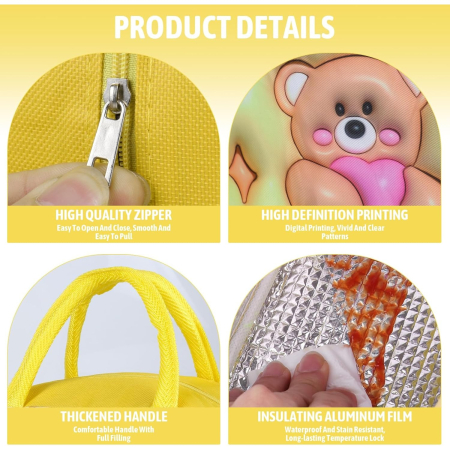 Geantă Frigorifică, , cu Desene Animate 3D, Portabilă pentru Copii, de Prânz, din Pânză Oxford, 23x13x19 cm, Model Ursulet, Galben [5]