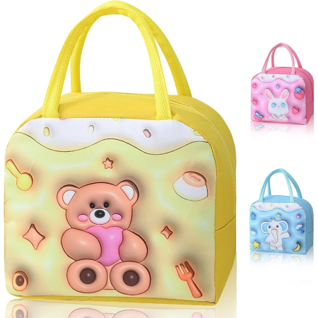Geantă Frigorifică, , cu Desene Animate 3D, Portabilă pentru Copii, de Prânz, din Pânză Oxford, 23x13x19 cm, Model Ursulet, Galben [8]
