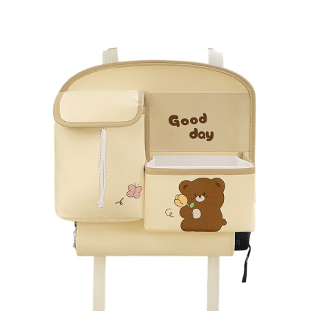 ✨TOATE PRODUSELE✨ - Geanta Multifunctionala de Depozitare, , pentru Bancheta din Spate a Masinii, Animat, Model Ursuleti, Scris Good Day, Suport Servetele si Telefon, 25x31 cm, Bej