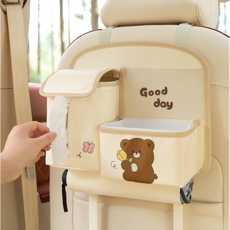 Geanta Multifunctionala de Depozitare, , pentru Bancheta din Spate a Masinii, Animat, Model Ursuleti, Scris Good Day, Suport Servetele si Telefon, 25x31 cm, Bej [4]