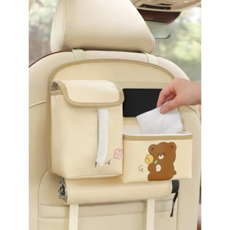 Geanta Multifunctionala de Depozitare, , pentru Bancheta din Spate a Masinii, Animat, Model Ursuleti, Scris Good Day, Suport Servetele si Telefon, 25x31 cm, Bej [6]