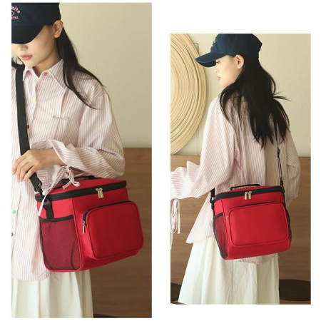 Geanta pentru Pranz, , Multifunctionala, Compartimentata, 2 Tipuri de Manere, Impermeabila, 26x24x17 cm, Rosu [2]