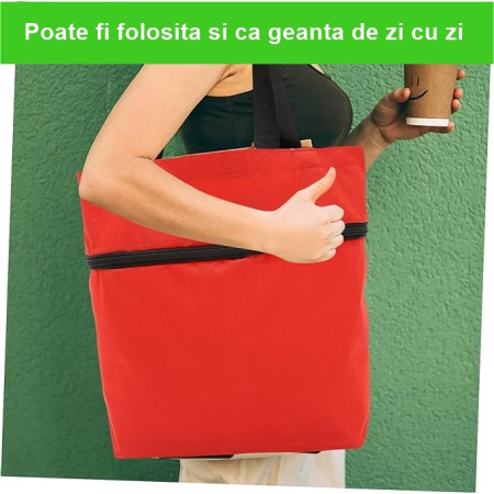 Geanta Pliabila, , 2 in 1, Carucior cu Roti, pentru Cumparaturi, 19 l, Rosu, Plastic, 39 x 46 x 12 cm [5]