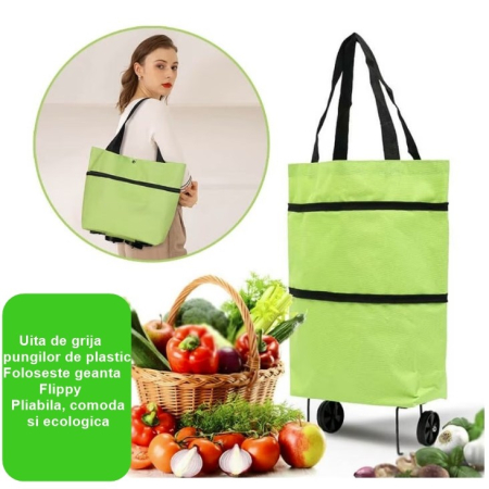 Geanta Pliabila, , 2 in 1, Carucior cu Roti, pentru Cumparaturi, 19 l, Verde, Plastic, 39 x 46 x 12 cm [1]