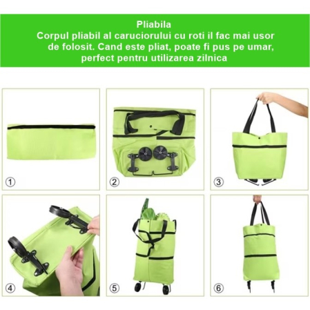 Geanta Pliabila, , 2 in 1, Carucior cu Roti, pentru Cumparaturi, 19 l, Verde, Plastic, 39 x 46 x 12 cm [2]