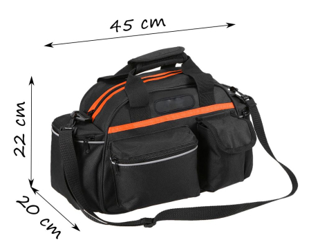 Geanta portbagaj bicicleta, 3 compartimente si 5 buzunare laterale, 45x20x22cm, negru cu elemente reflectorizante portocalii [7]