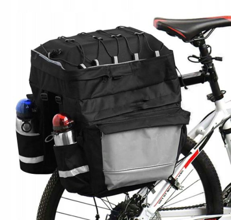 Disponibil livrare locker S - Geanta portbagaj bicicleta dubla, 8 buzunare laterale, 39x34x43cm, negru cu elemente reflectorizante gri, protectie impermeabila