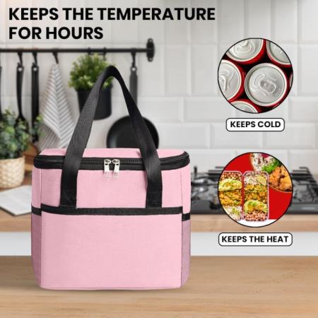 Geanta Termica pentru Pranz, Compartimente Telefon si Tacamuri, Multifunctionala, Impermeabila, 24x18x21 cm, Roz [6]