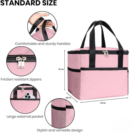 Geanta Termica pentru Pranz, Compartimente Telefon si Tacamuri, Multifunctionala, Impermeabila, 24x18x21 cm, Roz [3]