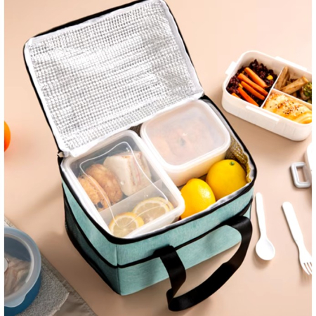 Geanta Termica pentru Pranz, Compartimente Telefon si Tacamuri, Multifunctionala, Impermeabila, 24x18x21 cm, Verde [2]