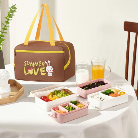 Geanta Termo-Izolanta, , Compartimente Telefon si Tacamuri, Multifunctionala, Impermeabila, 30x21x20 cm, Design Iepuras, Maro [4]