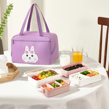 Geanta Termo-Izolanta, , Compartimente Telefon si Tacamuri, Multifunctionala, Impermeabila, 30x21x20 cm, Design Iepuras, Mov [4]