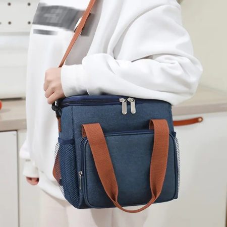 Geanta Termo-Izolanta, , Multifunctionala, 1 Compartiment Principal, 1 Buzunar Lateral Exterior, Impermeabila, Manere si Bretea de Umar, 25x22x15 cm, Albastru [2]