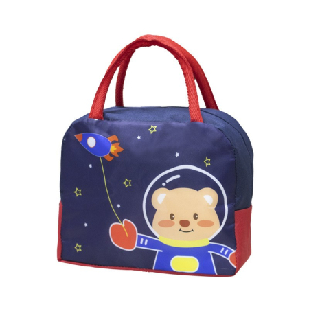 ✨TOATE PRODUSELE✨ - Geanta Termoizolanta pentru Copii, , 23x13x19 cm, Model Imprimeu Ursulet Astronaut, din Folie de Aluminiu si Panza Oxford, Albastru/Rosu