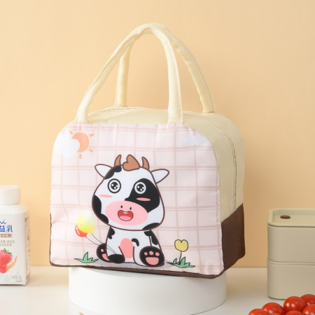 Geanta Termoizolanta pentru Copii, , 23x13x19 cm, Model Imprimeu Vacuta, din Folie de Aluminiu si Panza Oxford, Bej [5]