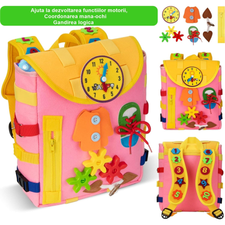 Ghiozdan Montessori, , pentru Copii 2-6 ani, Fidget Pop, cu Catarame si Fermoare, Jucarii Senzoriale, Activitate de Invatare prin Joc, Roz, 0.25 kg, 28x10x23 cm [1]