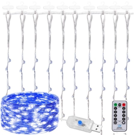 Ghirlanda luminoasa tip perdea 300 LED-uri, 3x3m, pentru interior, alimentare USB, albastru [9]