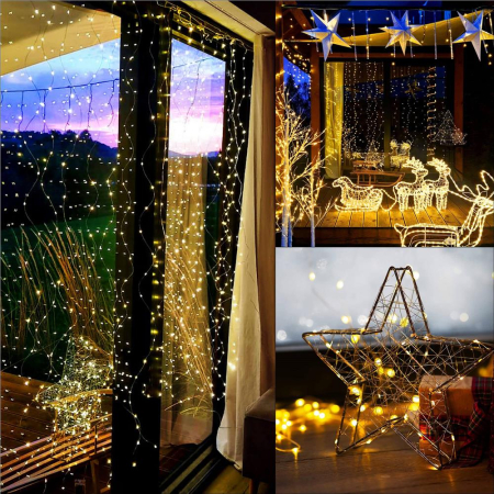 Ghirlanda luminoasa tip perdea 300 LED-uri, 3x3m, pentru interior, cu telecomanda, alb cald (galben) [20]