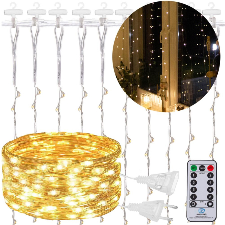 Ghirlanda luminoasa tip perdea 300 LED-uri, 3x3m, pentru interior, cu telecomanda, alb cald (galben) [26]