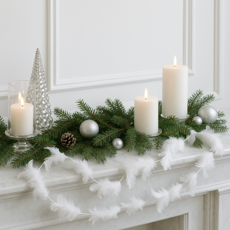Ghirlanda pentru decor sau bradul de Craciun, model puf si pene, 200cm, alb [4]