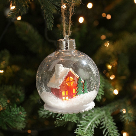 Globuri Brad - Glob pentru Bradul de Craciun LED, , Model A, Glob Transparent cu Figurina Casa si Braduti iluminat LED, Diametrul 10 cm, Baza Solida, Transparent
