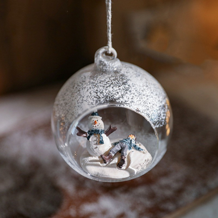 Globuri Brad - Glob pentru Bradul de Craciun, , Model Om de Zapada si Omulet, Tip Pandativ, Glob Transparent Semi-Deschis, 10.5 x 9 x 9 cm, Transparent