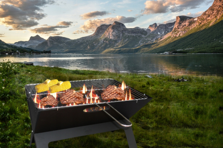 Gratar metalic pe carbune, pliabil, din otel cu tava cromata, 46x31x29cm, negru [2]