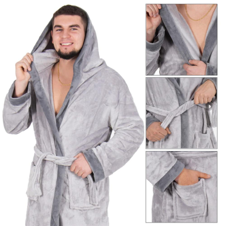 Halat de baie pentru barbati pana la genunchi, gluga mare, marimea M/L, gri [15]