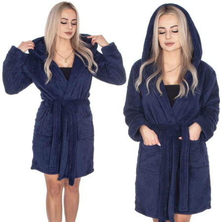 Halat de baie pentru femei pana la genunchi, cu gluga, marimea L/XL, albastru marin [20]