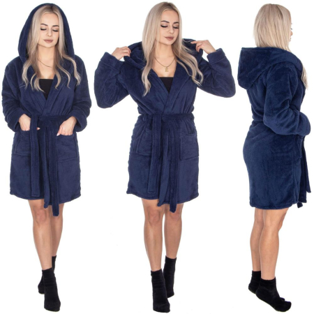 Halat de baie pentru femei pana la genunchi, cu gluga, marimea L/XL, albastru marin [1]
