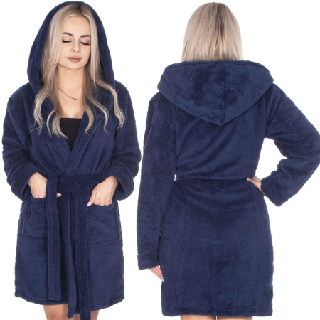 Halat de baie pentru femei pana la genunchi, cu gluga, marimea L/XL, albastru marin [18]