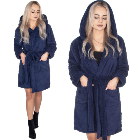 Halat de baie pentru femei pana la genunchi, cu gluga, marimea L/XL, albastru marin [19]